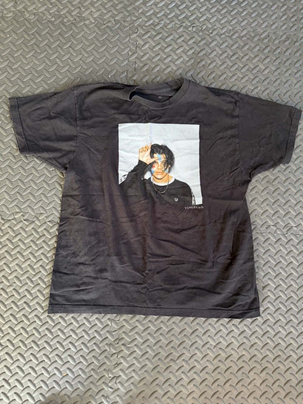 Black Short-Sleeve Graphic Tee with Portrait Print